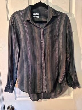 Striped Linen Long-Sleeve Button-Up Shirt - Gray with Purple Stripes